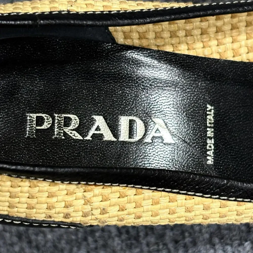 Prada Shoes Womens 5.5 EU 35.5 Beige Black Leather Woven Cap Toe Pumps Heels